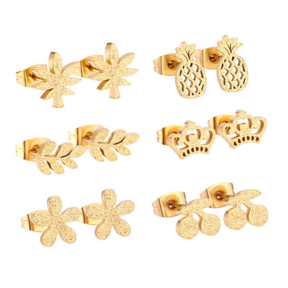 ASON 6Pairs/Box Crown/Flower/Leave Small Piercing Stud Earrings Sets Stainless Steel Gold Color Jewelry For Women Gift asonjewelry