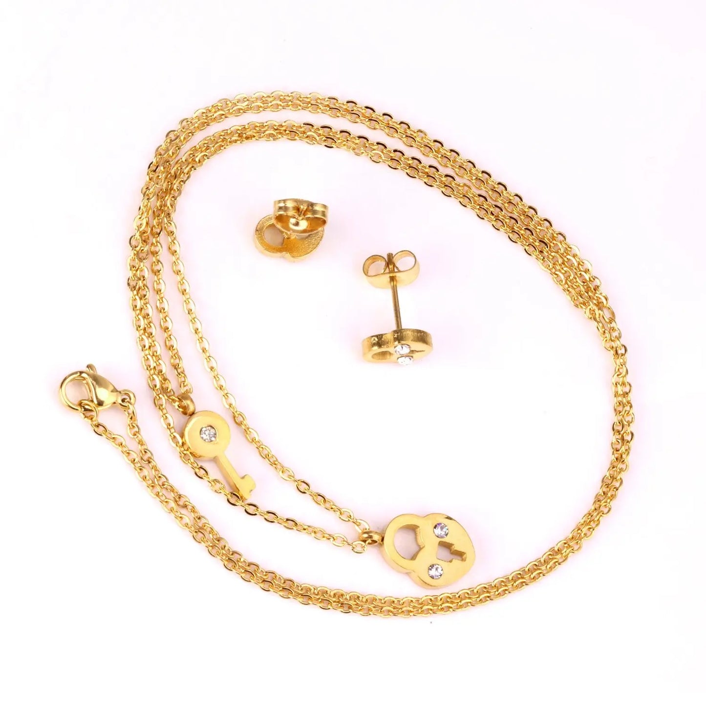 New Heart Lock With Key Earrings Pendant Necklace Sets Stainless Steel Wedding Jewellry Party Gift parures bijoux asonjewelry