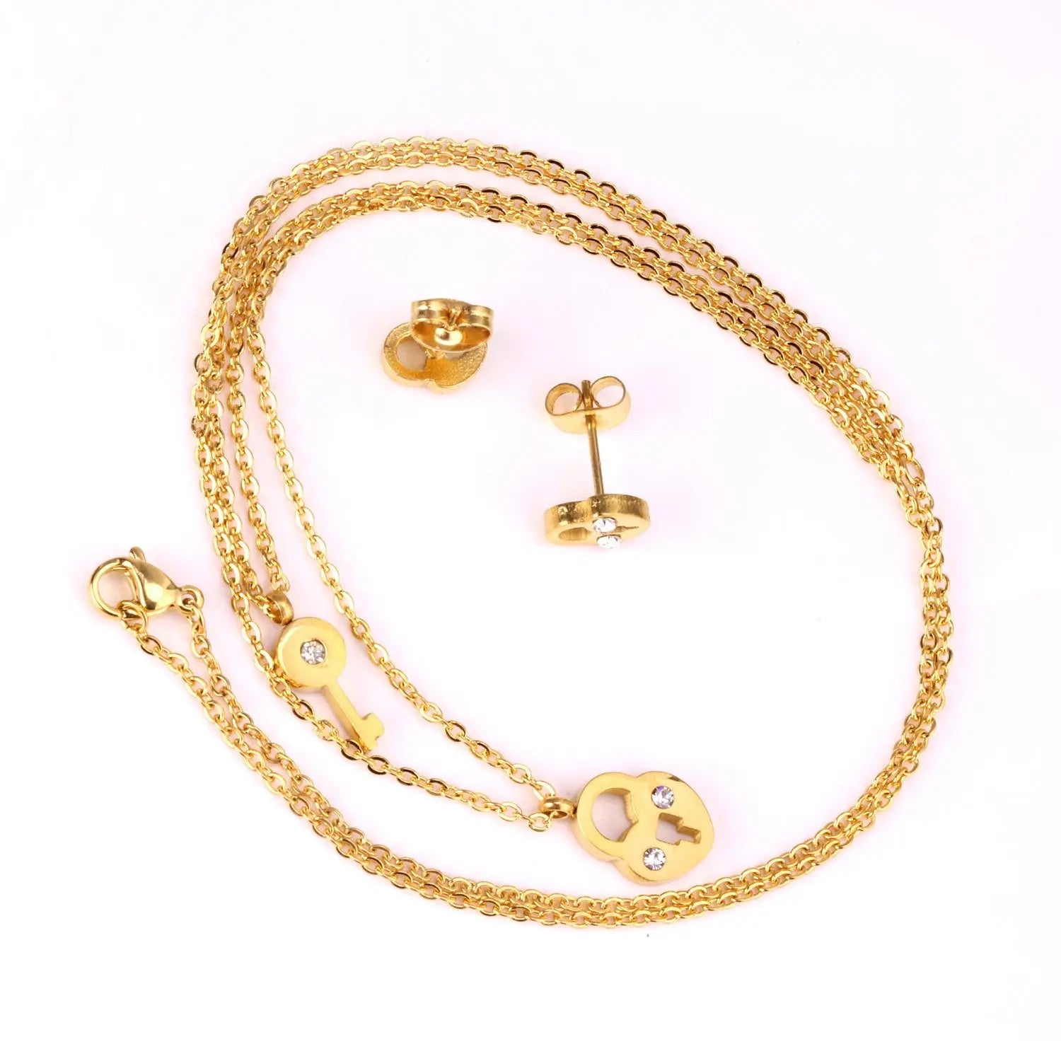 New Heart Lock With Key Earrings Pendant Necklace Sets Stainless Steel Wedding Jewellry Party Gift parures bijoux asonjewelry