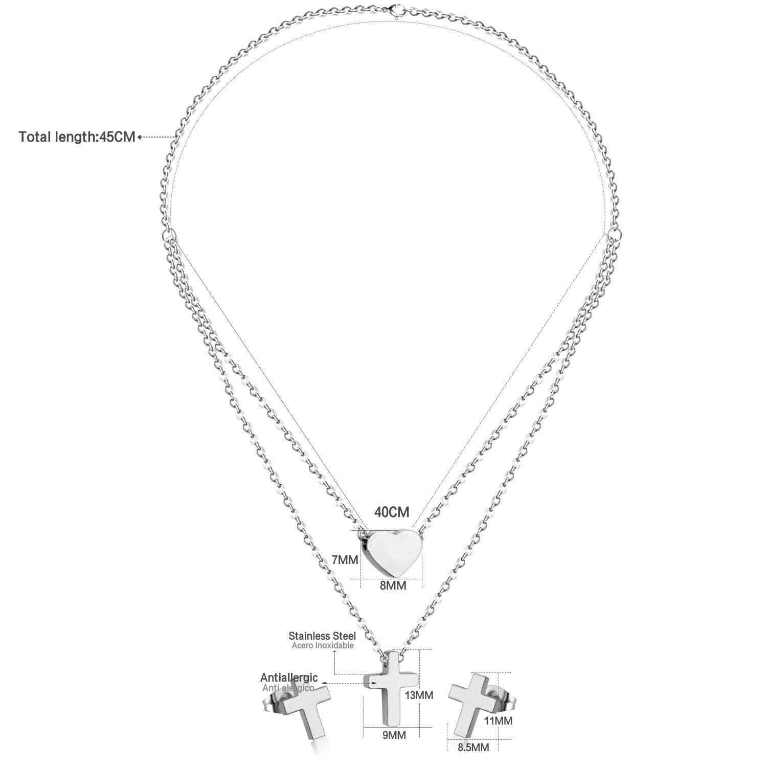 ASON Jewelry Sets for Party Stainless Steel Double Chains Necklace Gold Color Cross Piercing Stud Earring Fashion Jewelry asonjewelry