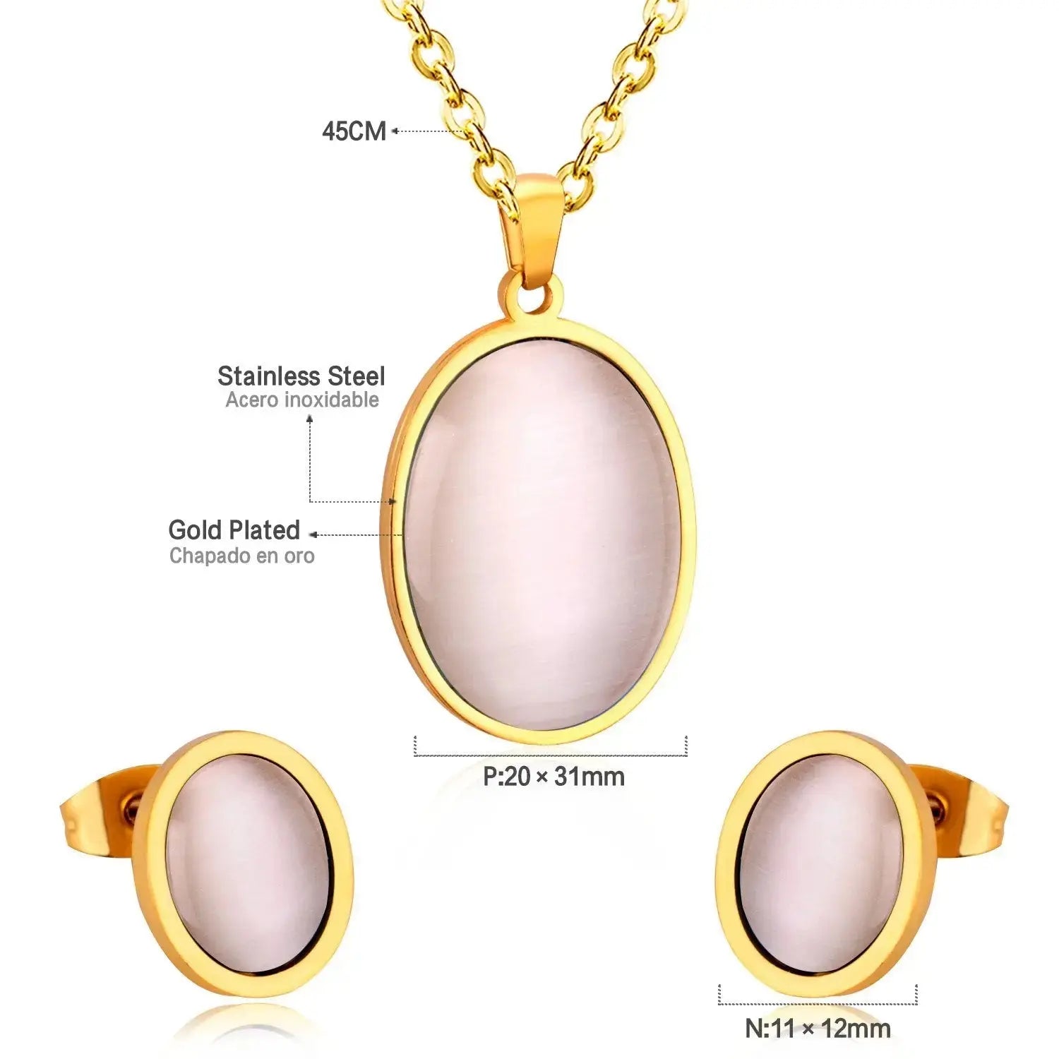 Oval Shape Opal Stainless Steel Luxury Necklaces Earrings Sets For Ladies Trendy Jewellry Sets parures bijoux asonjewelry