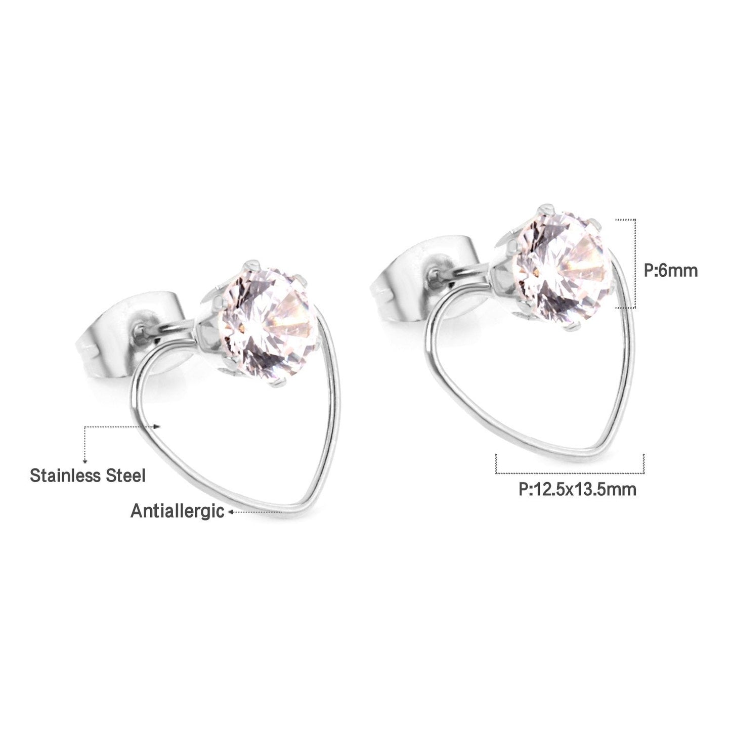 ASON Heart Round Cubic Zirconia Piercing  Stud Earrings Valentine's Gift Stainless Steel Gold Color Earring Classic Jewelry asonjewelry