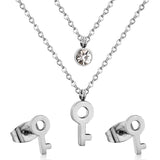 Key Pendant Stainless Steel Necklace Earring Crystal Wedding Bridal Gold Jewelry Set For Women Girls Jewellery Set