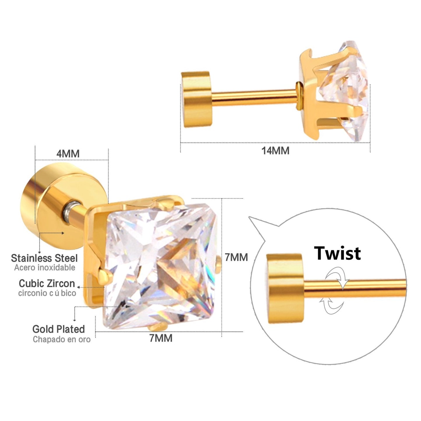 ASON 6mm Stainless Steel Square AAA Cubic Zirconia Jewelry Gold Color Piercing Stud Earrings Set for Women Fashion Jewelry asonjewelry