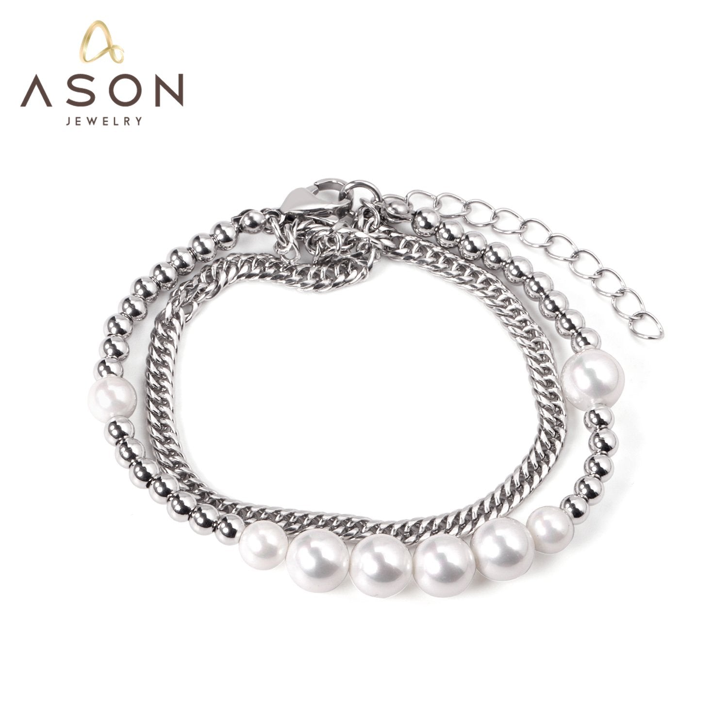 ASON Silver Color Trendy Imitation Pearl Bracelet with Steel Ball Charm Stainless Steel Bangle for Women Fashion Jewelry asonjewelry