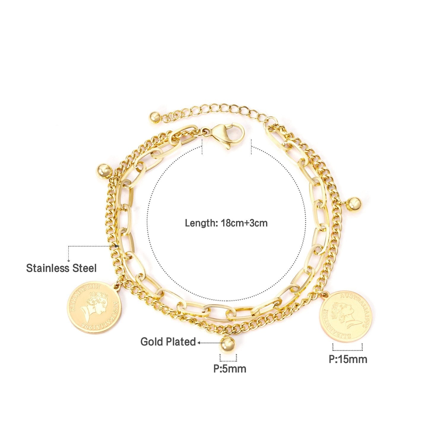 ASON Gold Color Multi-layer Bracelet with Coin Charm Stainless Steel Bangle Bracelets with Lobster Clasp Extender for Women asonjewelry