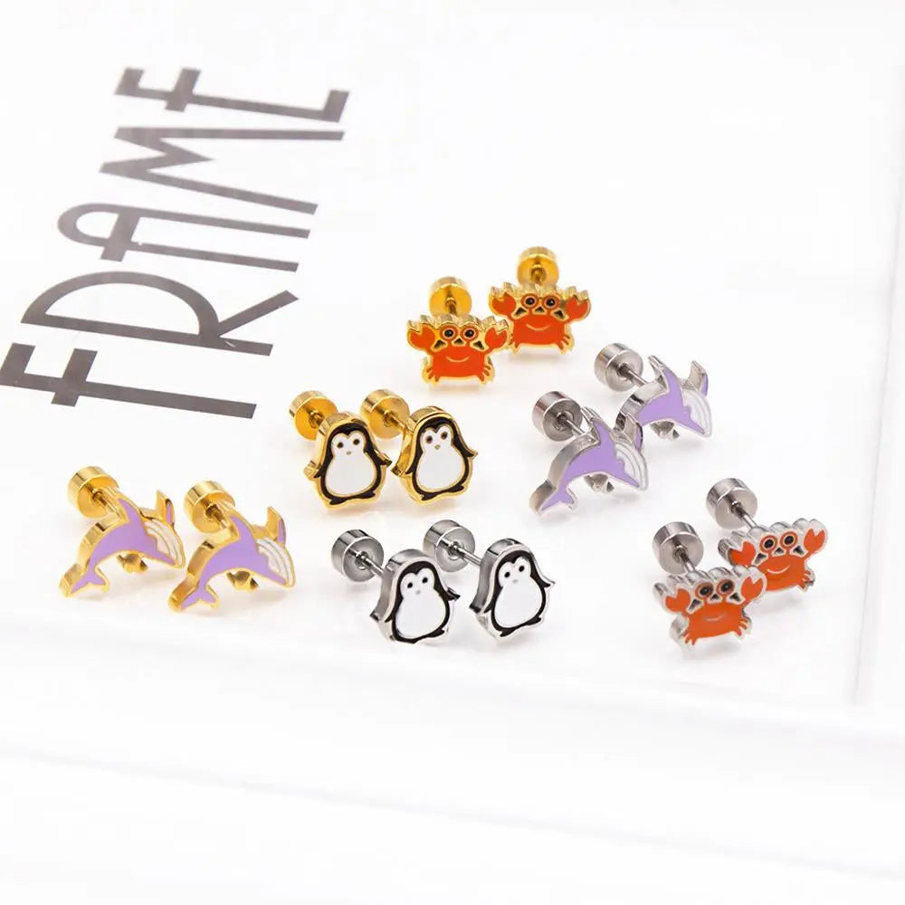 Cute Girls's Earrings Acrylic Design Animals Piercing Butterflies Stainless Steel Penguin Childlike серьги brinco asonjewelry