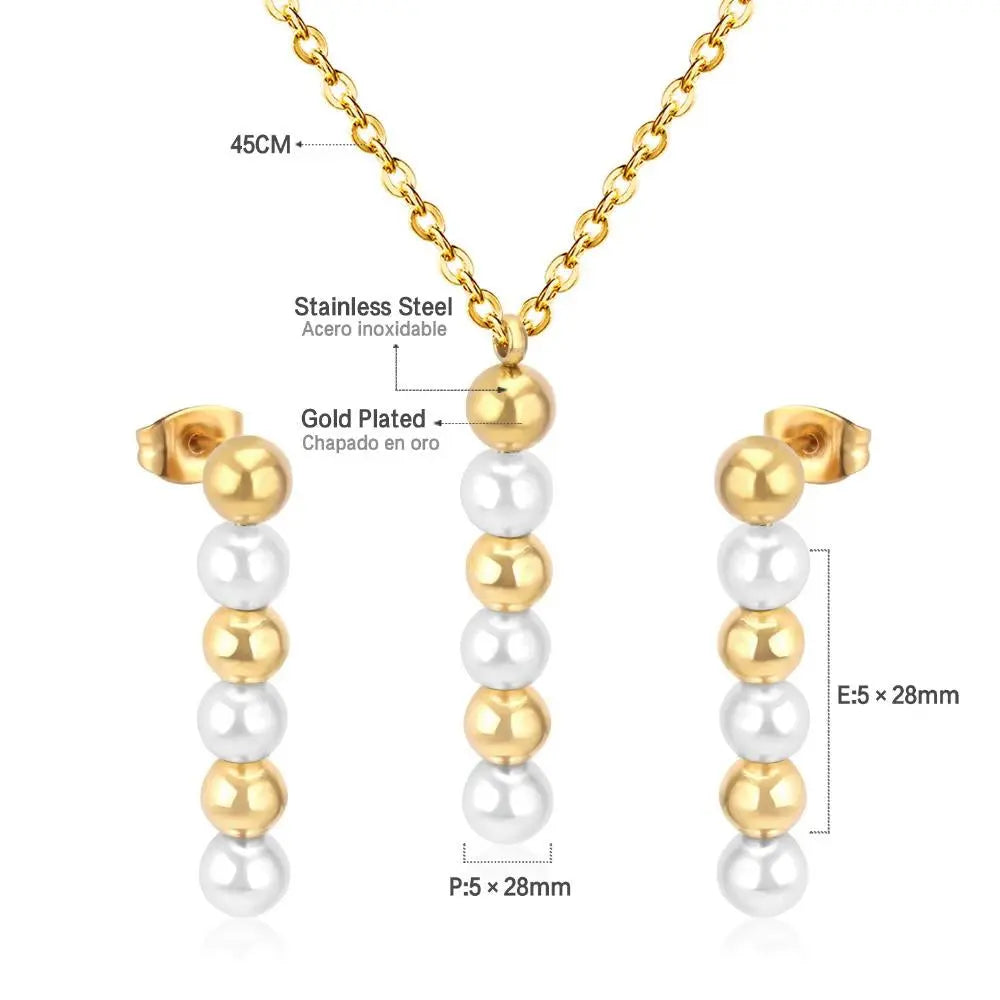 Stainless Steel Jewelry Sets For Women Girls Fake Pearl Earrings Necklace Wedding Dubai Indian Bridal Jewelry Set asonjewelry