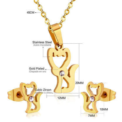 Stainless Steel Little Fox With Cubic Zirconia Necklace Earrings Set Woman Wedding Jewelry Sets Anniversary Present asonjewelry