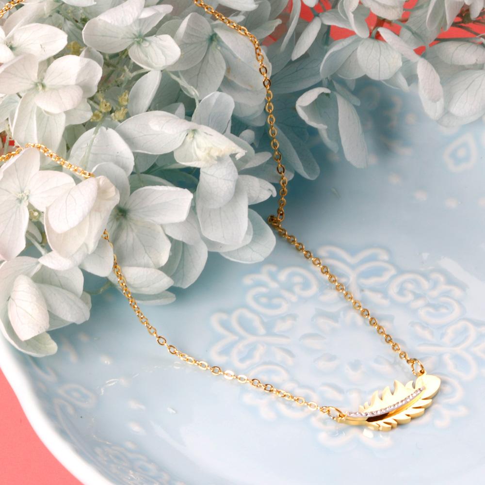 ASON Gold Color Feather Pendant Necklace with Rhinestone Stainless Steel Chain for Women Jewelry Gift Accessory Chokers asonjewelry