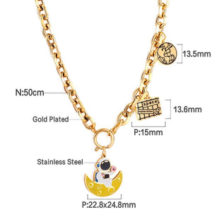 Collier pendentif à breloques d'astronaute jaune mignon pour enfants et hommes, chaînes cubaines épaisses avec breloques géométriques, chaînes à maillons 