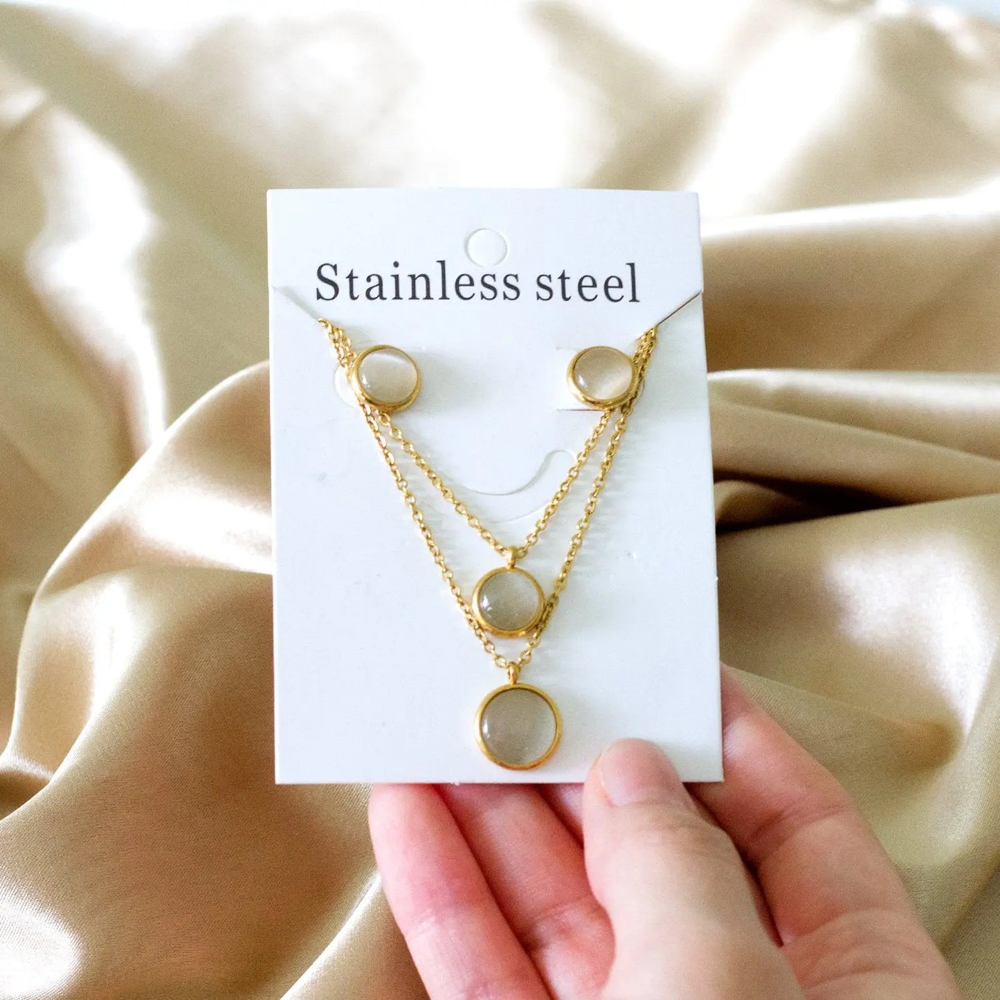 Fashion Elegant Luxury Double Chain Stainless Steel Necklaces Earrings Sets For Ladies Wedding Jewellry pendientes asonjewelry