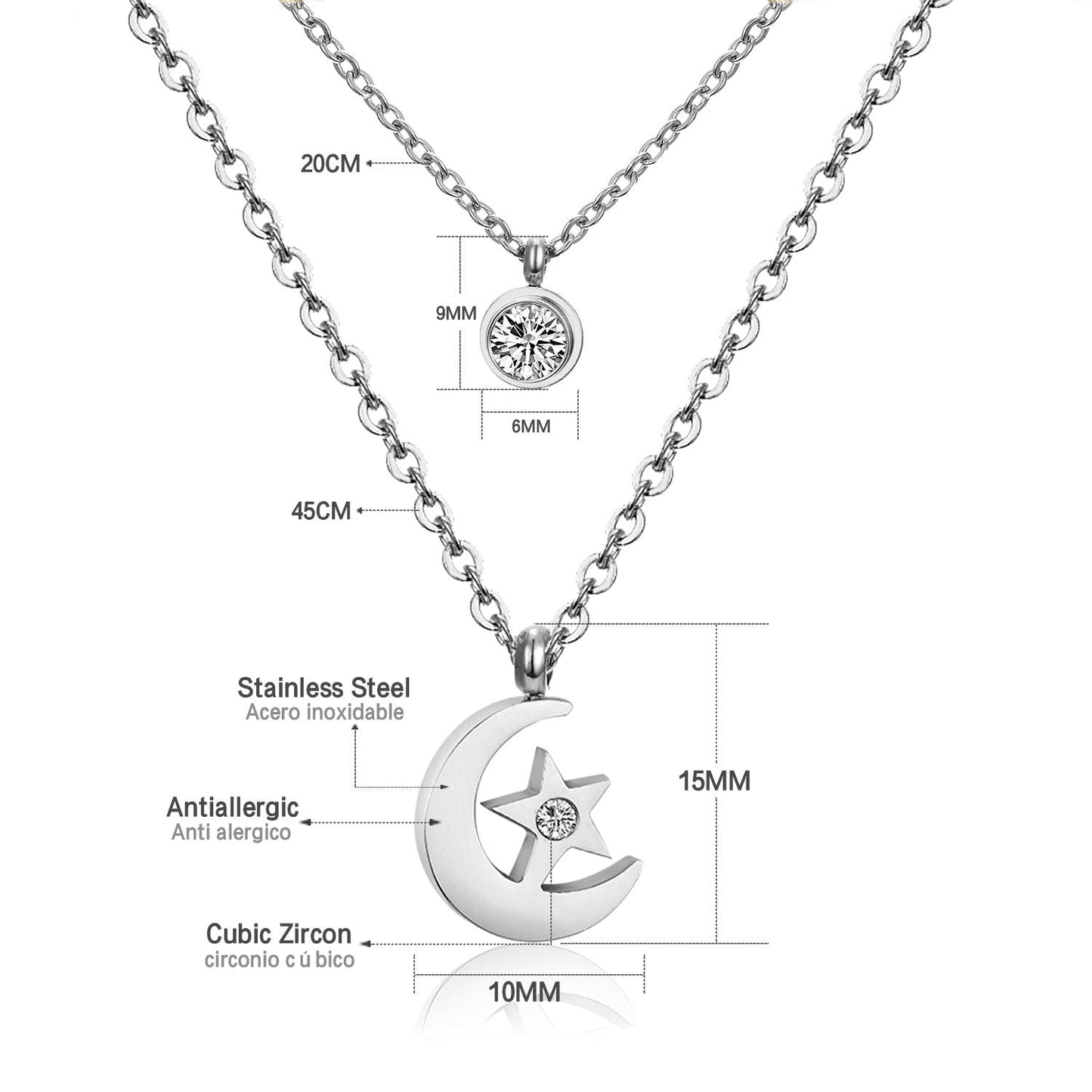 ASON Moon Star Pendant Necklaces Stainless Steel Gold Color Double Chain Necklace Statement Jewelry Wholesale Party Gift asonjewelry