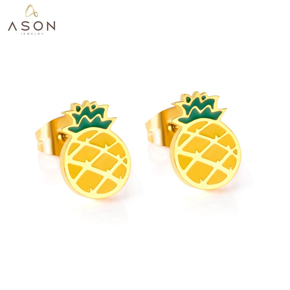 ASON Gold Color Fruit Cartoon Stud Earrings 316L Stainless Steel Pineapple Shape Earrings for Women Fashion Jewelry Gift asonjewelry