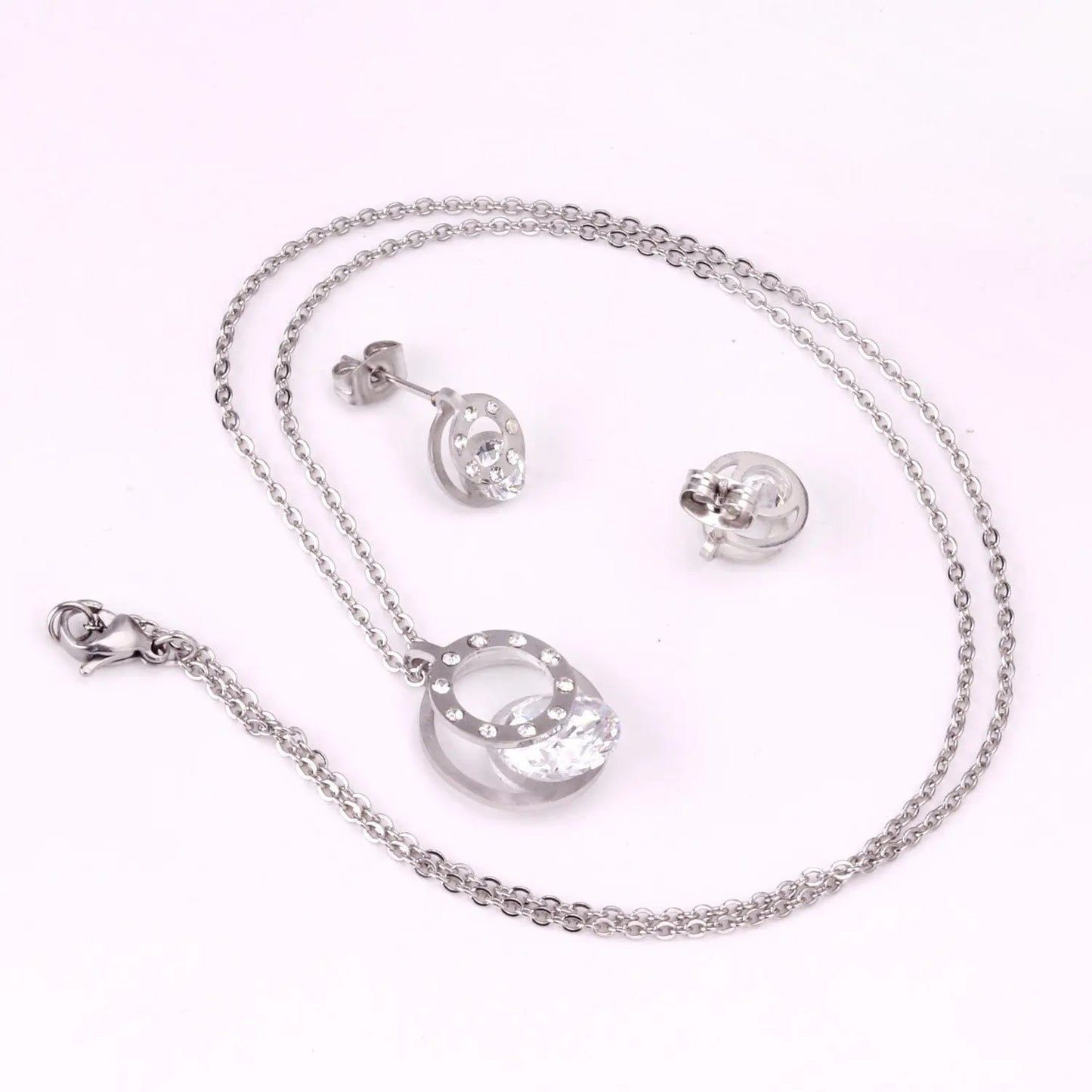 Cubic Zirconia Round Double Necklace Earrings Jewelry Sets For Women Girl bijoux Stainless Steel Wholesale Wedding asonjewelry