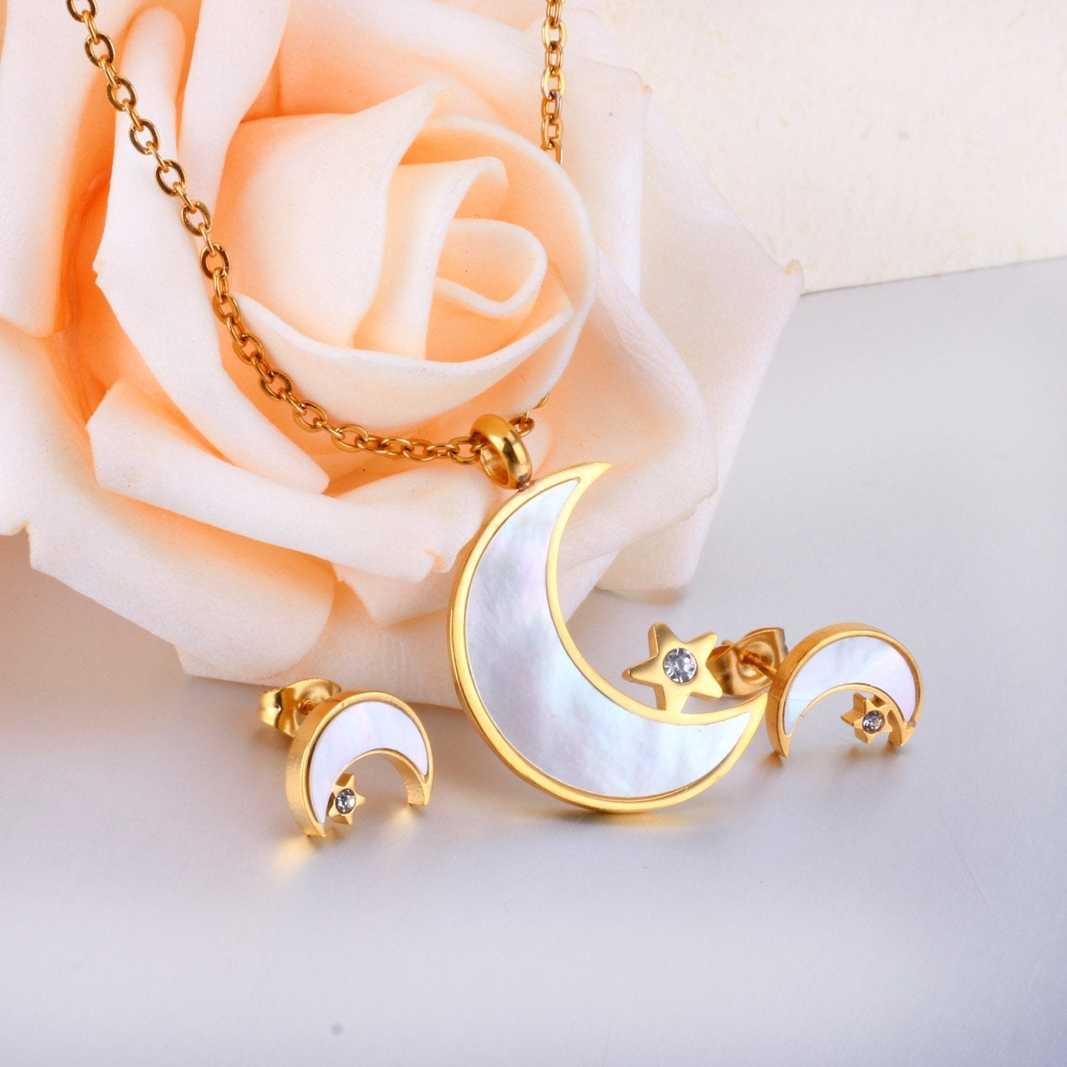 ASON Moon Star Shell 316L Stainless Steel Bridal Wedding Jewelry Sets for Women 2019 Necklace Pendant Small Stud Earring asonjewelry