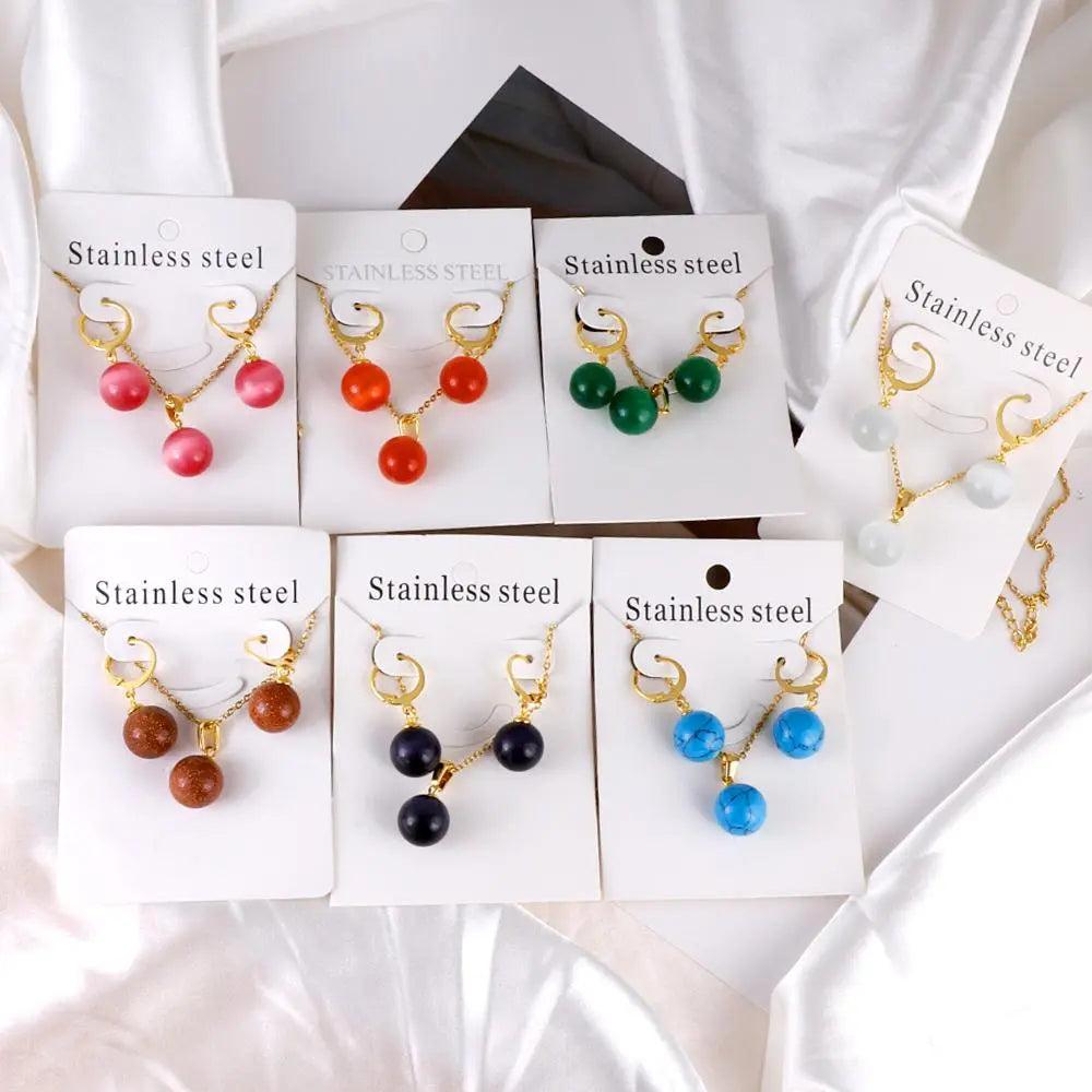 New Blue Opal Jewelry Sets Classic Style Round Shape Pendant Necklace Earrings Fashion Chains Accessoreies Collars asonjewelry