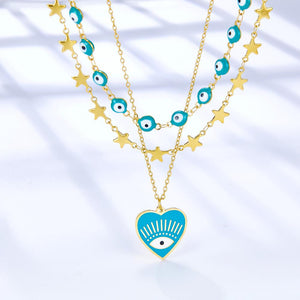 Multi Layered Chain Choker Necklace For Women Heart Shape Green Evil Eyes Stars Pendant Stainless Steel Jewelry Gifts