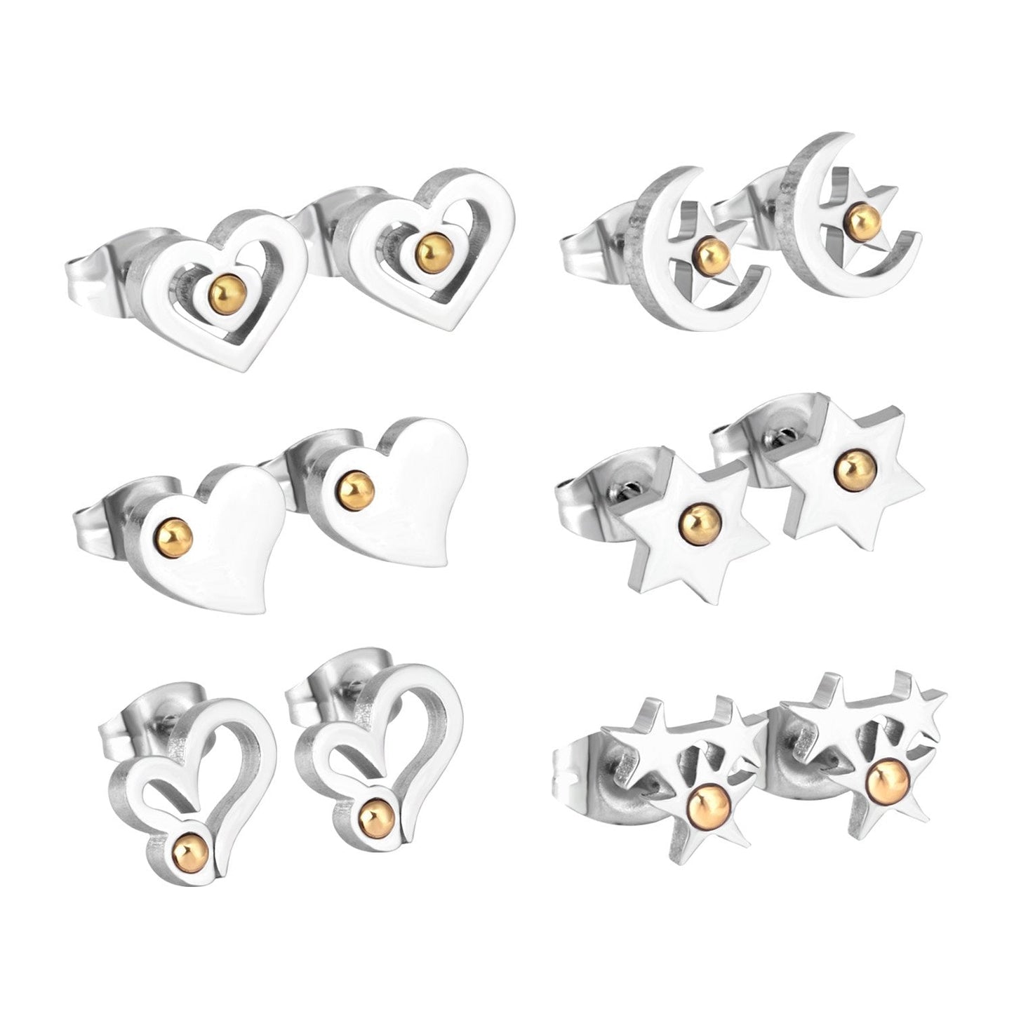 ASON 6pairs/Box Star/Heart Shape with Ball Small Piercing Stud Earring Stainless Steel Silver Color Earrings Set For Women asonjewelry