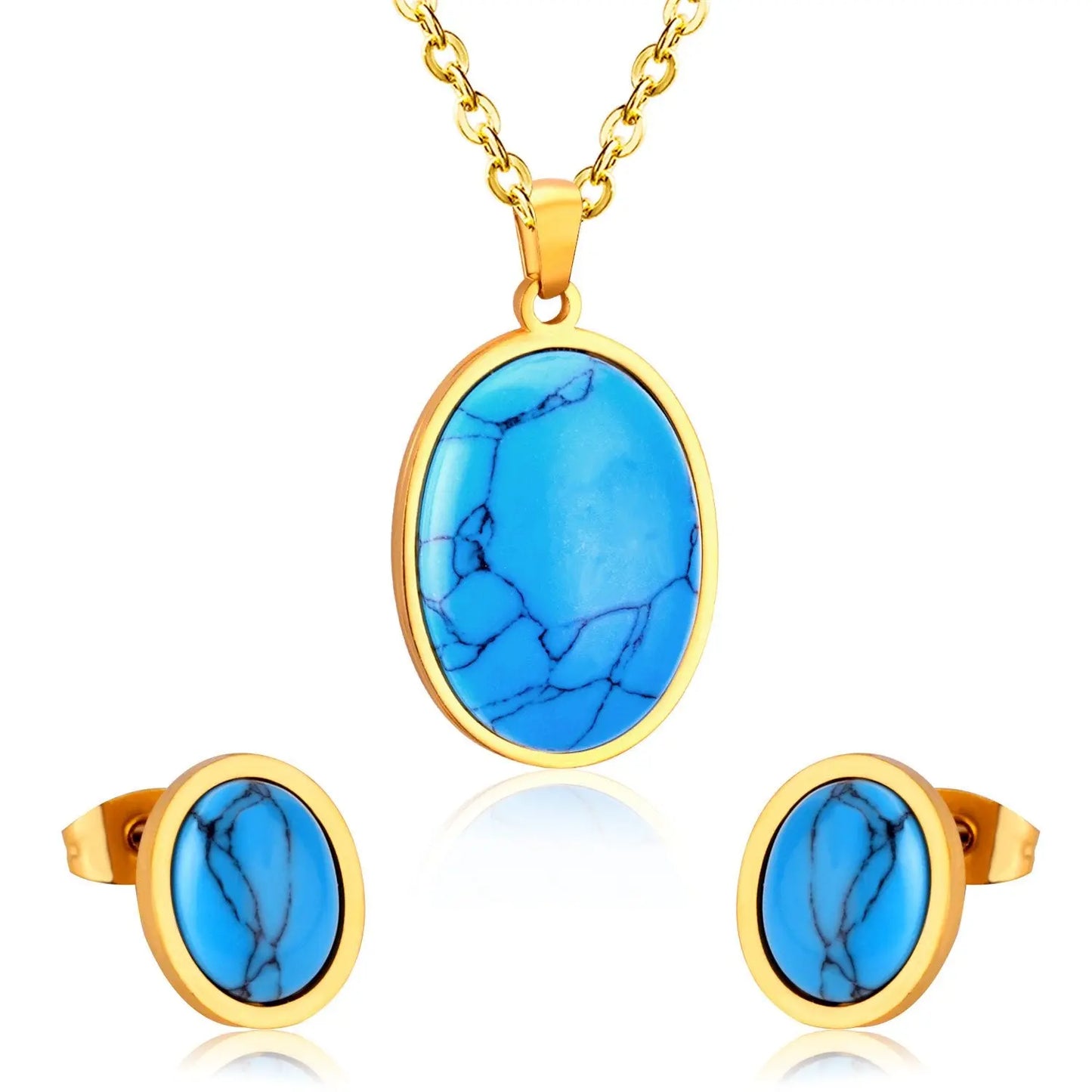 Oval Shape Opal Stainless Steel Luxury Necklaces Earrings Sets For Ladies Trendy Jewellry Sets parures bijoux asonjewelry