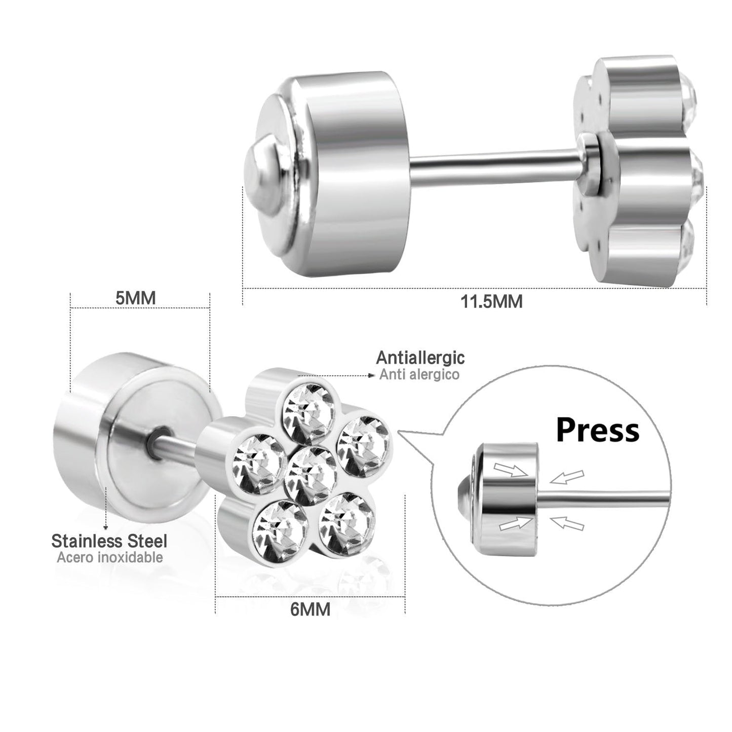 ASON White Crystal Earrings for Women/Kid Stainless Steel Flower Shape Silver Color Earring Fashion Jewelry Daily Wear asonjewelry