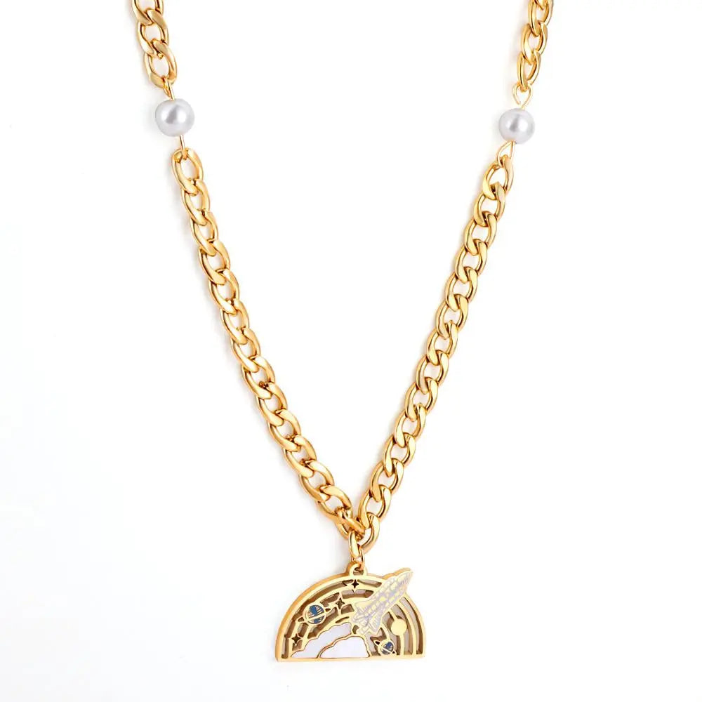Moon With Cute Astronaut Design Elegant Chain With Imiatation Pearl Double Layer Jewelry On Neck Statement Collier asonjewelry