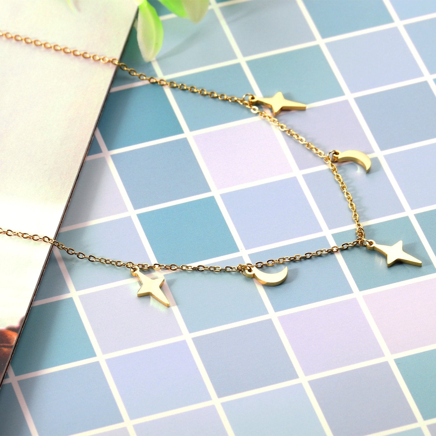 ASON Moon and Star Pendant Necklaces Gold Color Stainless Steel Chain for Women Girls Fashion Jewelry Accessories Gift asonjewelry