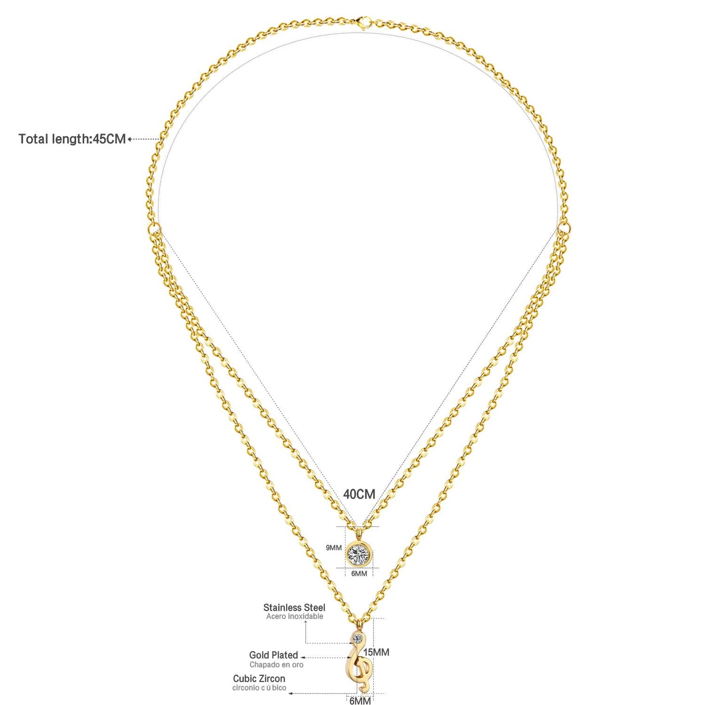 ASON Jewelry Gold Color Double Chain Necklaces Collars Jewelry Stainless Steel Round Cubic Zirconia Daily Pendants Chokers asonjewelry