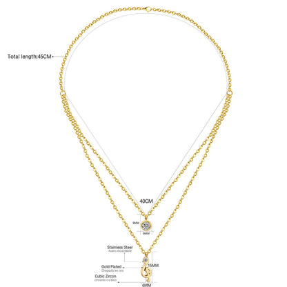 ASON Jewelry Gold Color Double Chain Necklaces Collars Jewelry Stainless Steel Round Cubic Zirconia Daily Pendants Chokers asonjewelry
