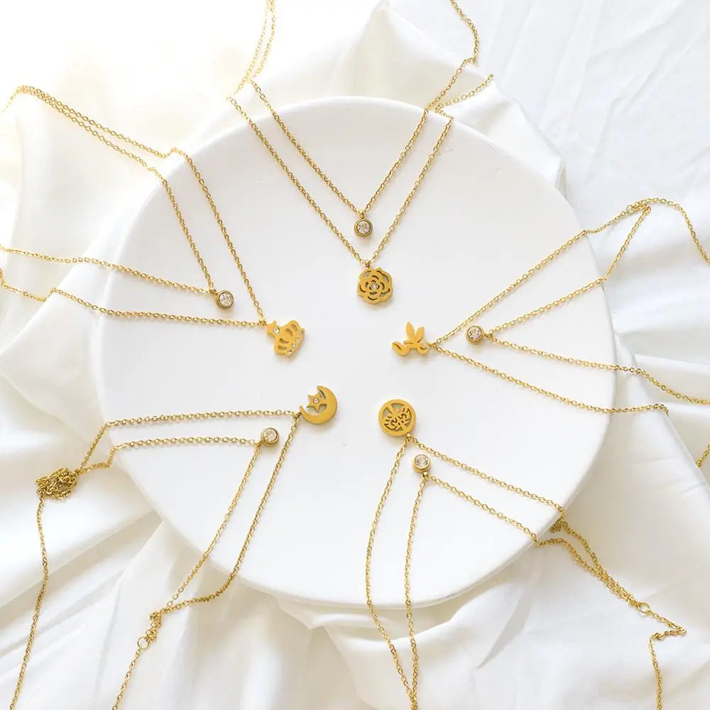 Double Layer Chain Pendants Necklaces For Women Girls Gold Color Silver Tone Stainless Steel CZ Crystal Round Choker asonjewelry