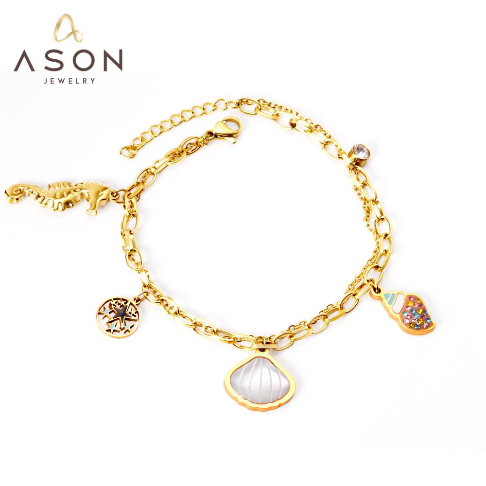 ASON Gold Color Shell Ocean Series Charm Bracelet 316L Stainless Steel 18+3cm Bangle for Women Fashion Jewelry Party Gift asonjewelry
