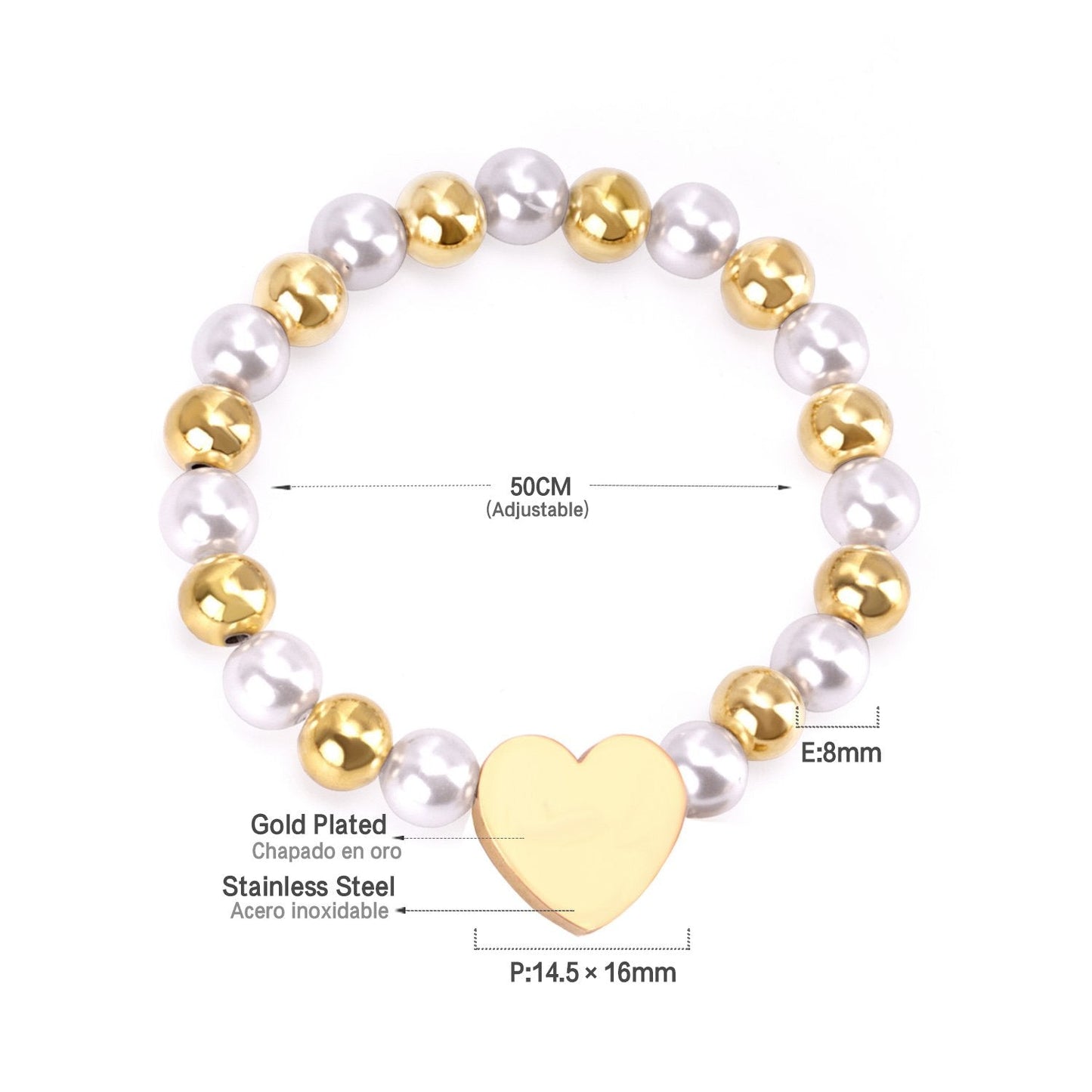 ASON Heart Shape Pendant 8mm Ball Beaded With Imitation Pearl Chain Bracelets Gold Color Stainless Steel For Women Jewelry asonjewelry