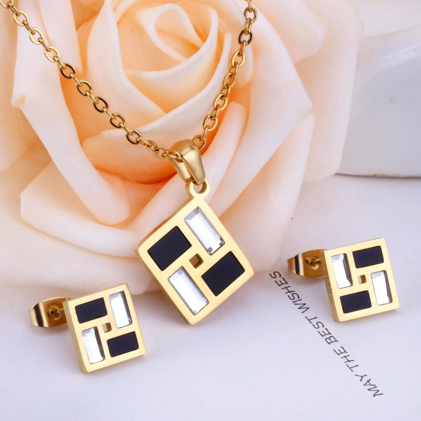 Geometry Gold Stainless Steel Wedding Dubai African Jewelry Sets Necklace Earring For Women Jewellery Jewelry Set asonjewelry