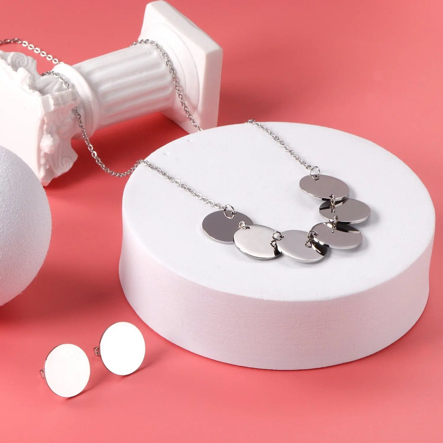 Stainless Steel Round Paillettes Trendy Necklaces Earrings Sets Jewelry Set Gold/Silver Color For Lovers Woman Gift asonjewelry