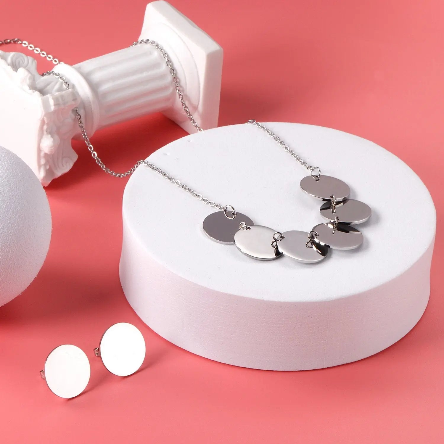 Stainless Steel Round Paillettes Trendy Necklaces Earrings Sets Jewelry Set Gold/Silver Color For Lovers Woman Gift asonjewelry