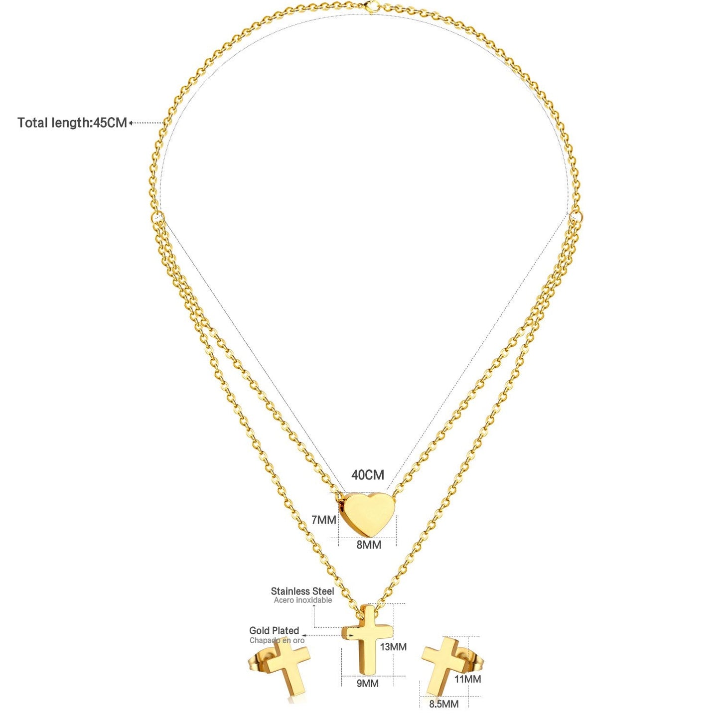 ASON Jewelry Sets for Party Stainless Steel Double Chains Necklace Gold Color Cross Piercing Stud Earring Fashion Jewelry asonjewelry