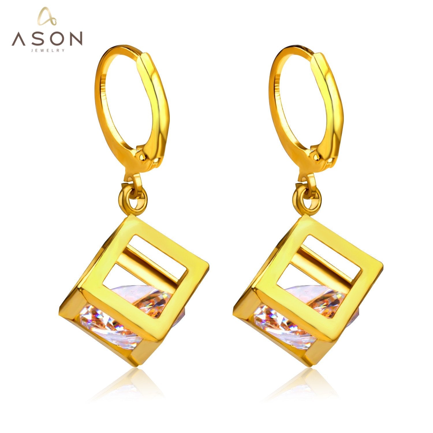 ASON Geometry Cubic Zirconia Piercing Drop Earrings Stainless Steel Gold Color Ear Hoop For Women Fashion Jewelry Party asonjewelry