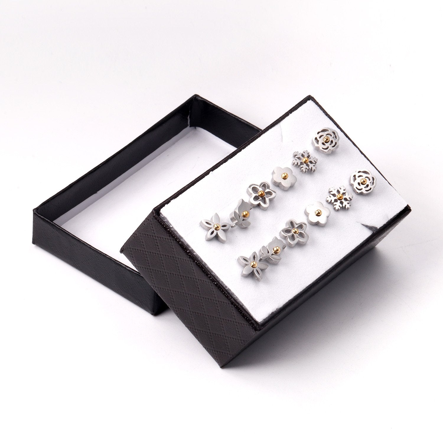 ASON 6pairs/Box Flower with Ball Classic Piercing Stud Earrings Set Stainless Steel Silver Color Fashion Jewelry for Women asonjewelry