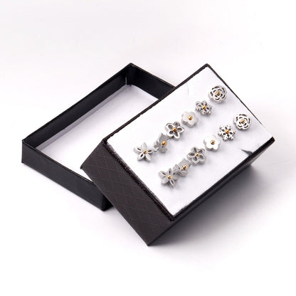 ASON 6pairs/Box Flower with Ball Classic Piercing Stud Earrings Set Stainless Steel Silver Color Fashion Jewelry for Women asonjewelry