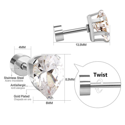 ASON 6mm Water Drop Cubic Zirconia Screw Piercing Stud Earring for Women Gold Color Stainless Steel Earring Fashion Jewelry asonjewelry