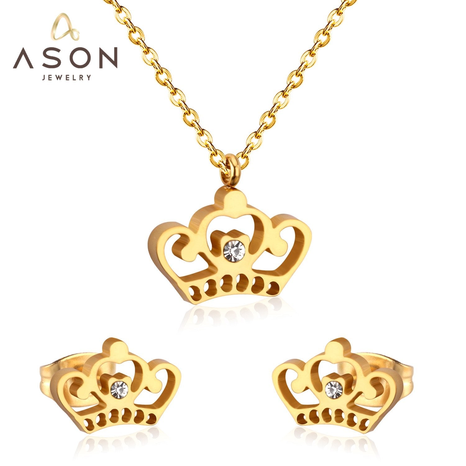 ASON Simple Style Crown Shape Frosted Gold Color Necklace Earrings Stainless Steel for Women Fashion Jewelry Sets Party asonjewelry