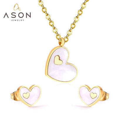 ASON Heart White/Black Shell Pendant Necklace Stud Earring Jewelry Sets Stainless Steel Gold Color Party Accessories Gift asonjewelry