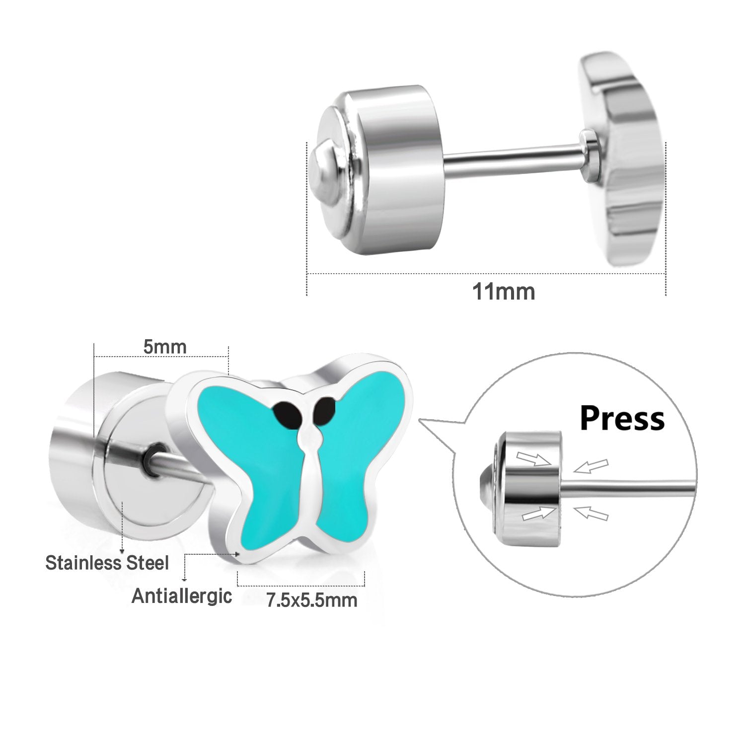 ASON 316L Stainless Steel Silver Color Lovely Butterfly Press Stud Earrings for Women/Girl/Kids Party Gift Fashion Jewelry asonjewelry