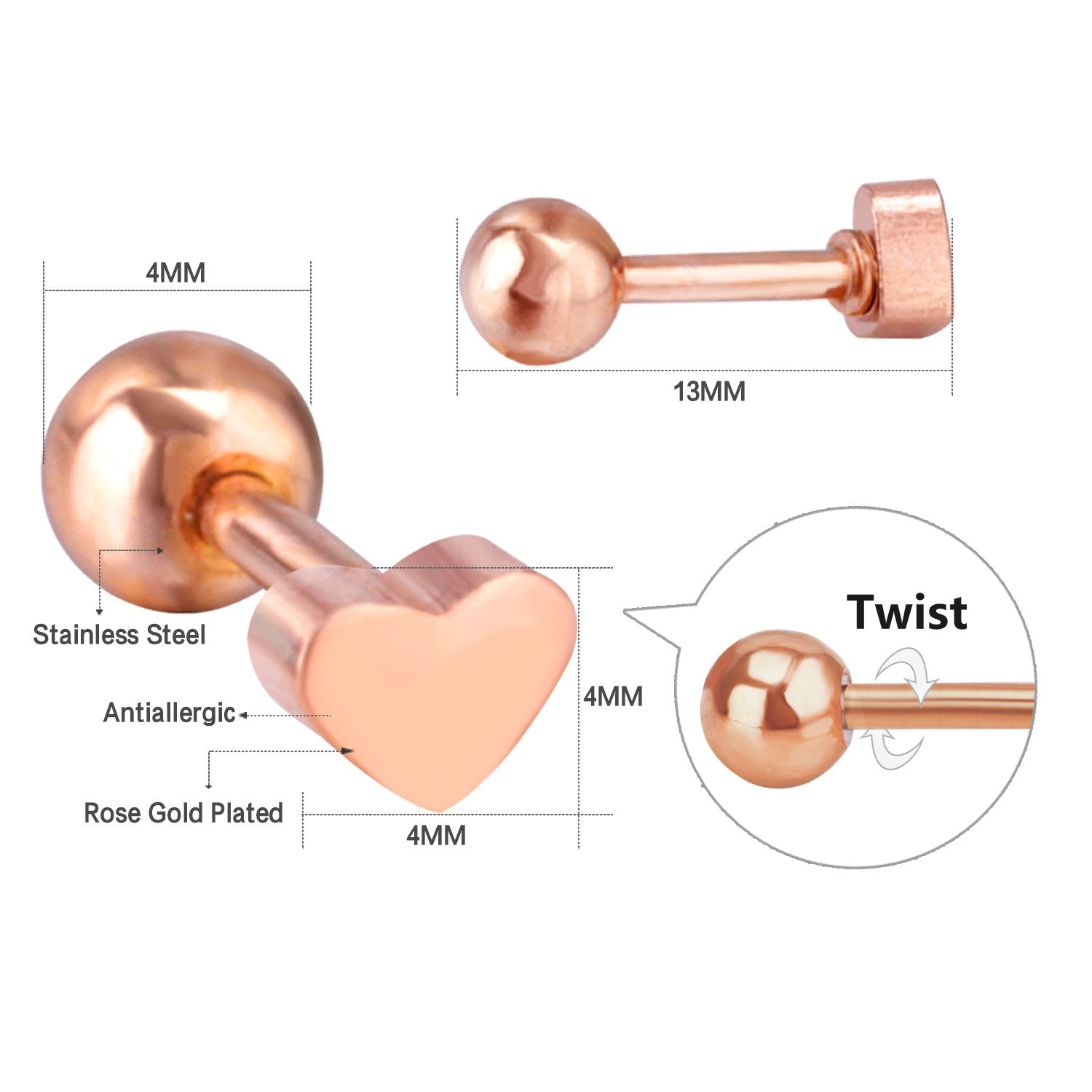 ASON Rose Gold/Black Stud Earrings Heart Stainless Steel Women Earrings Jewelry Gift Accessories,Anti-allergy asonjewelry