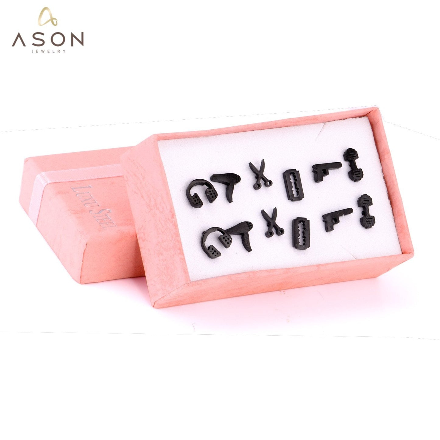 ASON 6Pairs/Box Titanium Earrings Hiphop Jewelry Stainless Steel Mixed Shape Black Color Piercing Stud Earrings Men Women asonjewelry