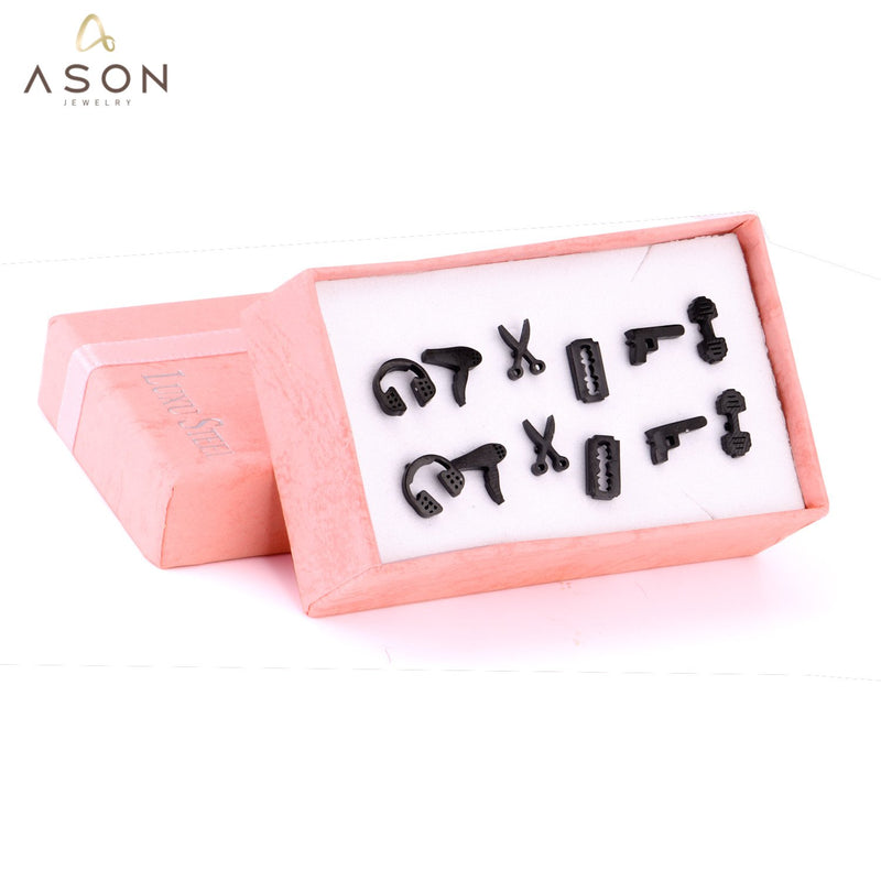 ASON 6Pairs/Box Titanium Earrings Hiphop Jewelry Stainless Steel Mixed Shape Black Color Piercing Stud Earrings Men Women