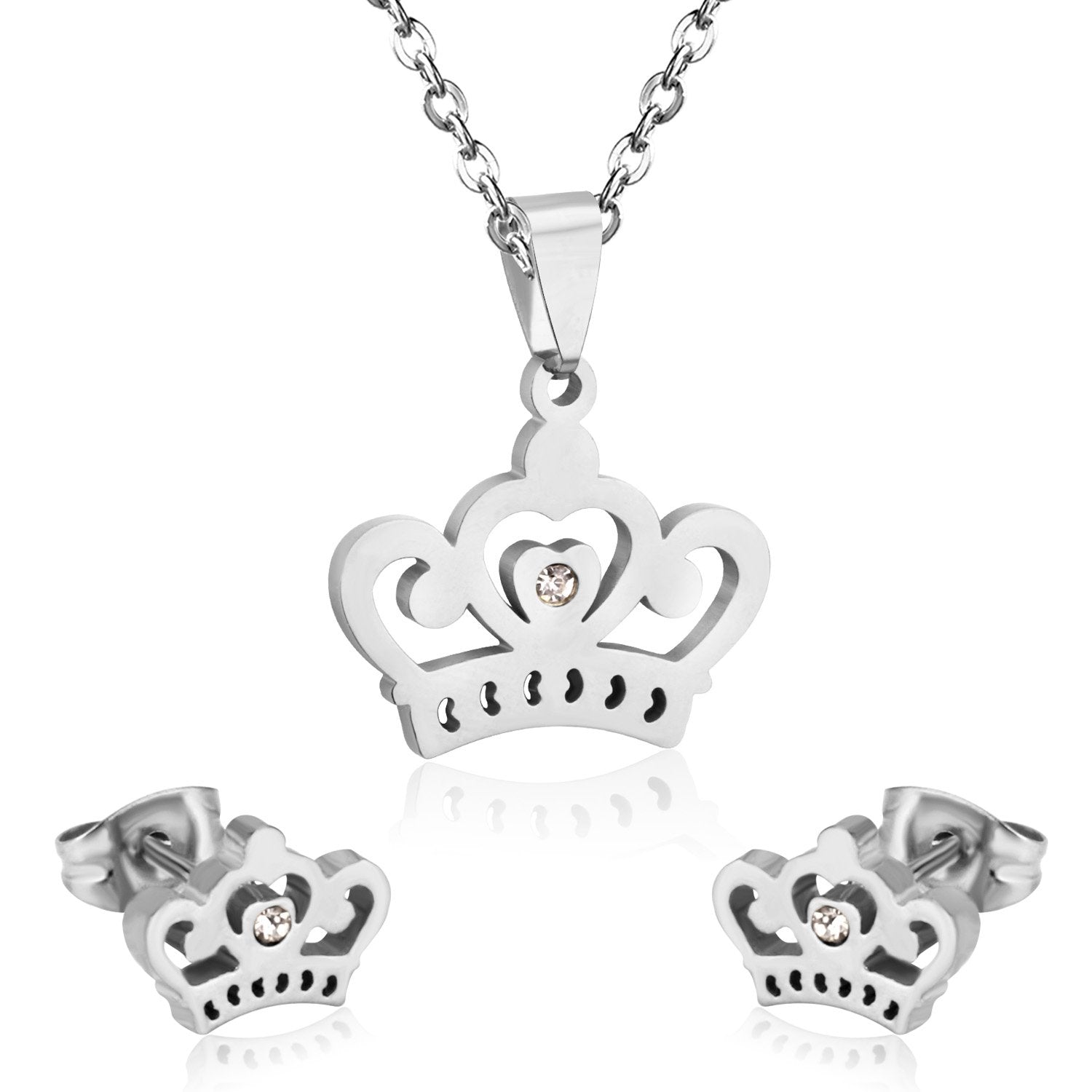 ASON Crown Pendant Necklace Charm Small Piercing Stud Earrings Jewelry Sets Gold Color Stainless Steel For Women asonjewelry