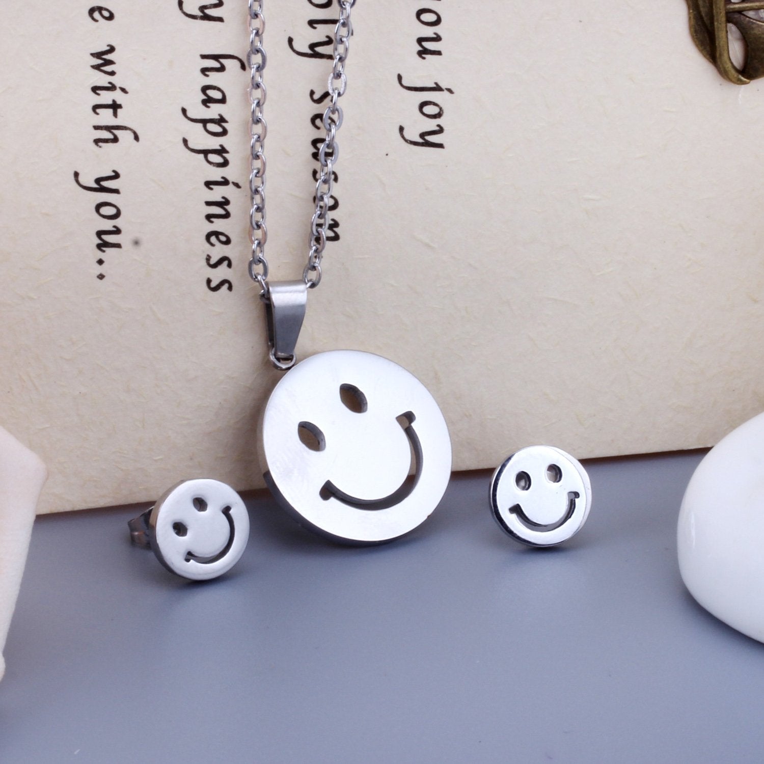 ASON Smile Face Jewelry Set Stainless Steel Pendant Necklace Small Piercing Stud Earrings Gold Color Fashion Party Gift asonjewelry