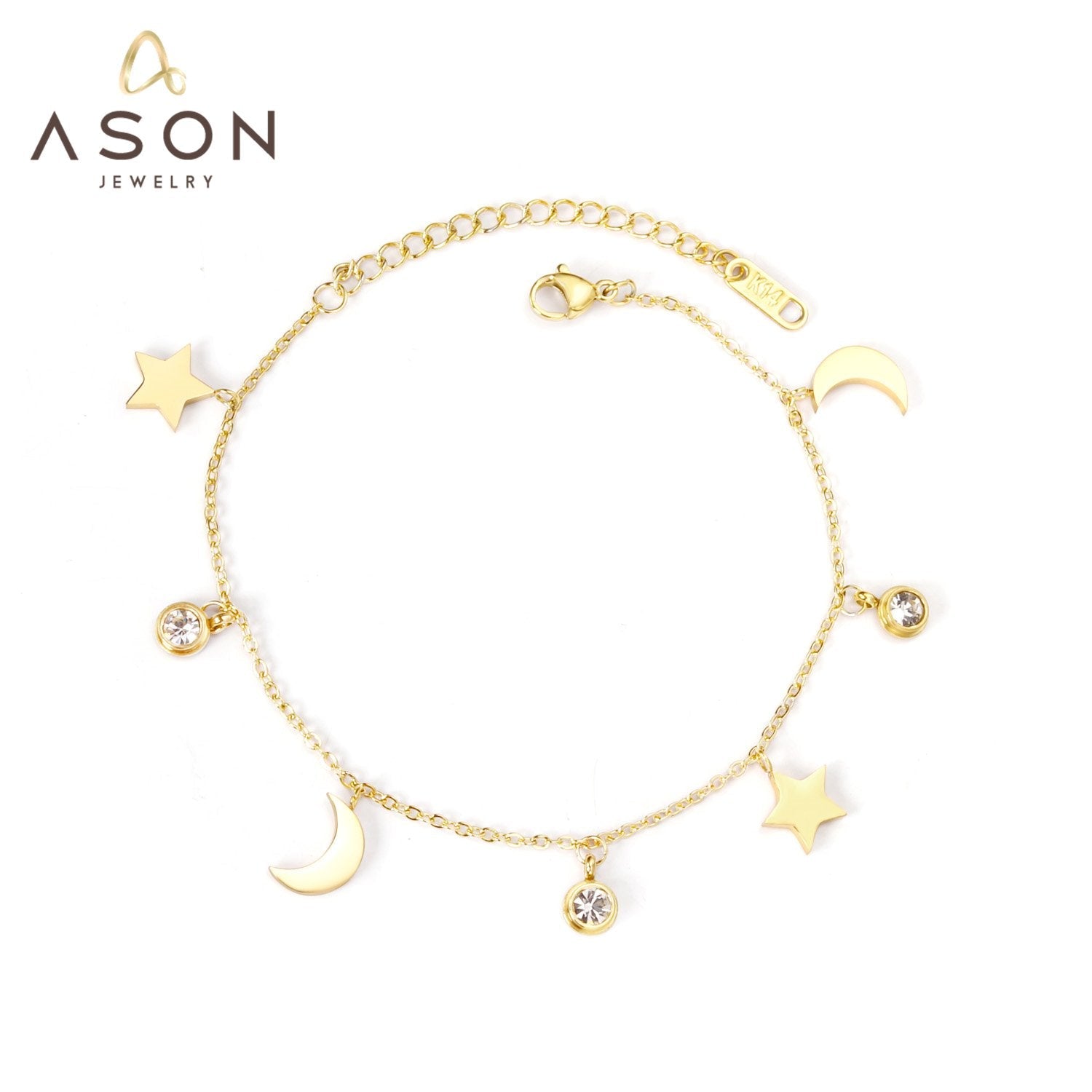 ASON Trendy Moon Star Cubic Zirconia Pendant Charm Bracelet Gol Color Stainless Steel Bangle for Women Girl Fashion Jewelry asonjewelry
