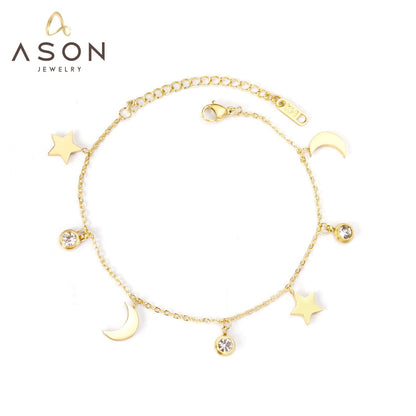 ASON Trendy Moon Star Cubic Zirconia Pendant Charm Bracelet Gol Color Stainless Steel Bangle for Women Girl Fashion Jewelry asonjewelry